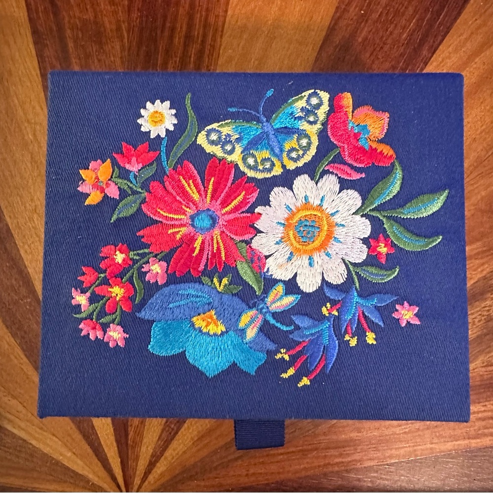 Brighton Blue French Garden Jewelry Box Embroidered Flowers New Without Tags